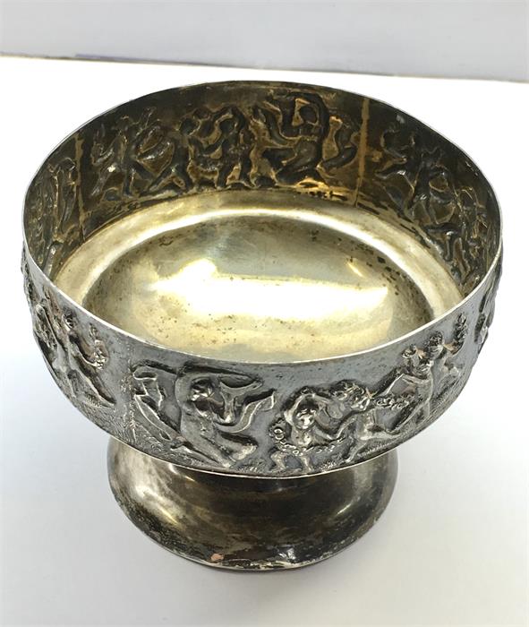 Victorian Silver Bowl full London silver Hallmarks embossed figures on border - Image 2 of 3