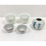 Antique Period Chinese Bird Feeders & Small Blue & White Brush Pot