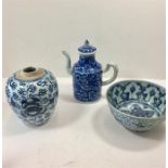 3 Antique Period Chinese Blue & White includes Tea Pot , vase and Bowl