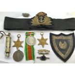 Collection of Military Items includes medals ,naval head band badges whistle etc