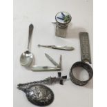 Selection of Silver items includes Victorian Silver & Mother of Pearl Knife and button hook & napkin
