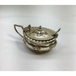 Antique Silver Mustard Pot ..with blue glass liner and hallmarked Silver Spoon