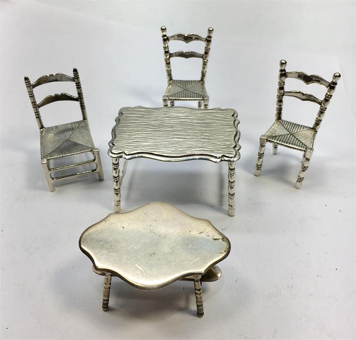 Dutch Miniature Silver Furniture 2 tables and 3 Chairs all with Continental Silver Hallmarks