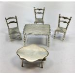 Dutch Miniature Silver Furniture 2 tables and 3 Chairs all with Continental Silver Hallmarks