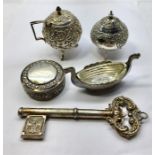 Collection of Small Continental Silver Items includes 2 silver mustard pots not hallmarked