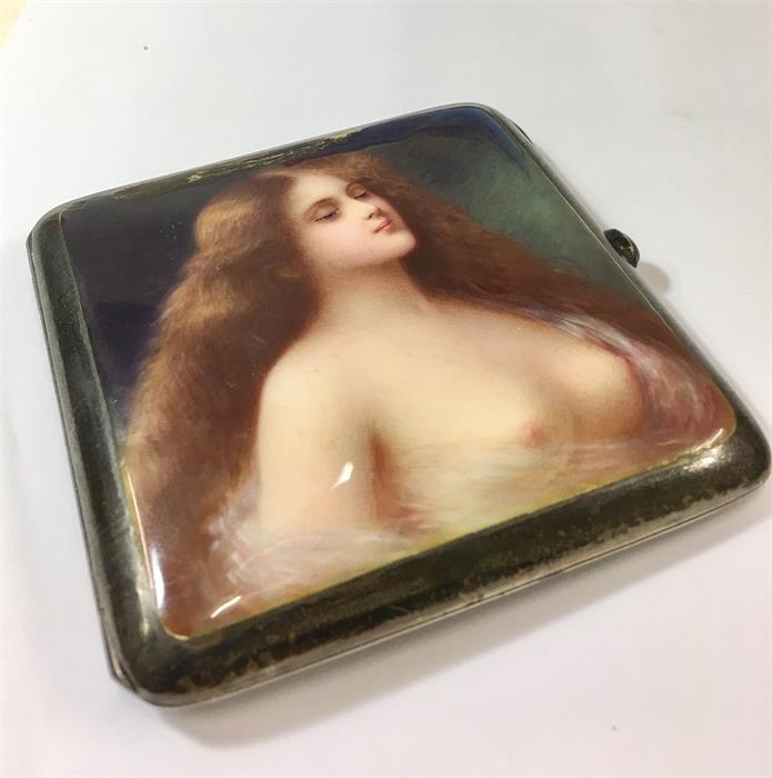 Continental Silver & Erotica Enamel Cigarette Case - Antique Circa 1900