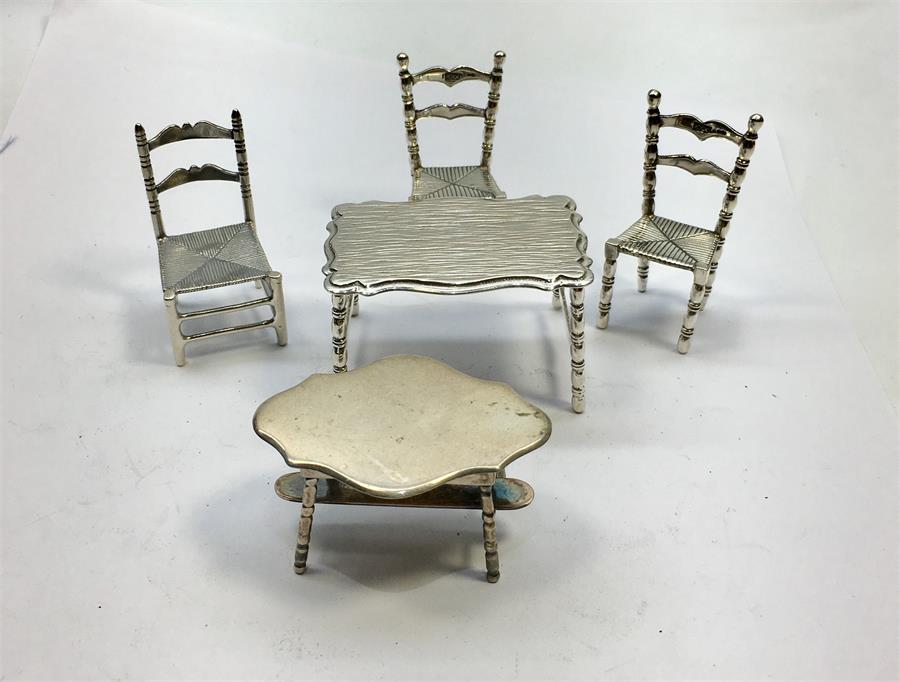 Dutch Miniature Silver Furniture 2 tables and 3 Chairs all with Continental Silver Hallmarks - Image 2 of 3