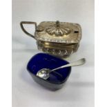 Antique Silver Mustard Pot ..chester Silver hallmarks blue glass liner and Silver mustard spoon