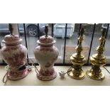 Pair Brass Table Lamps and a Pair of Porcelain Table Lamps