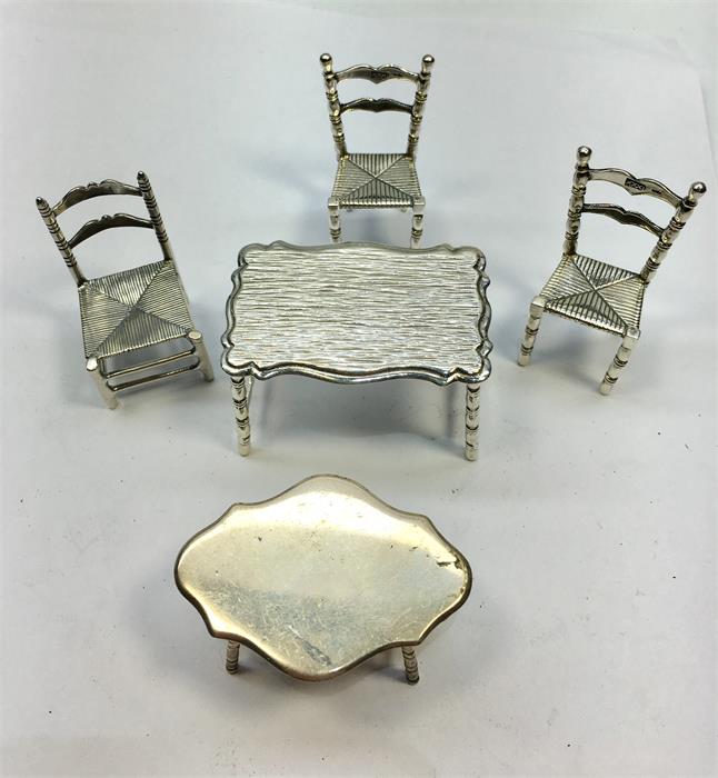 Dutch Miniature Silver Furniture 2 tables and 3 Chairs all with Continental Silver Hallmarks - Image 3 of 3