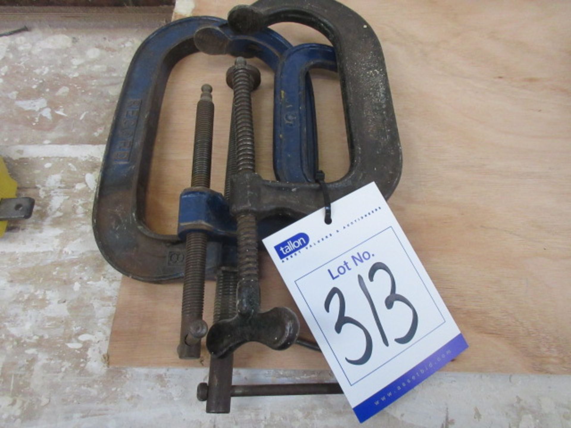 Four 'G' clamps, 8", 2 x 6" & 5"