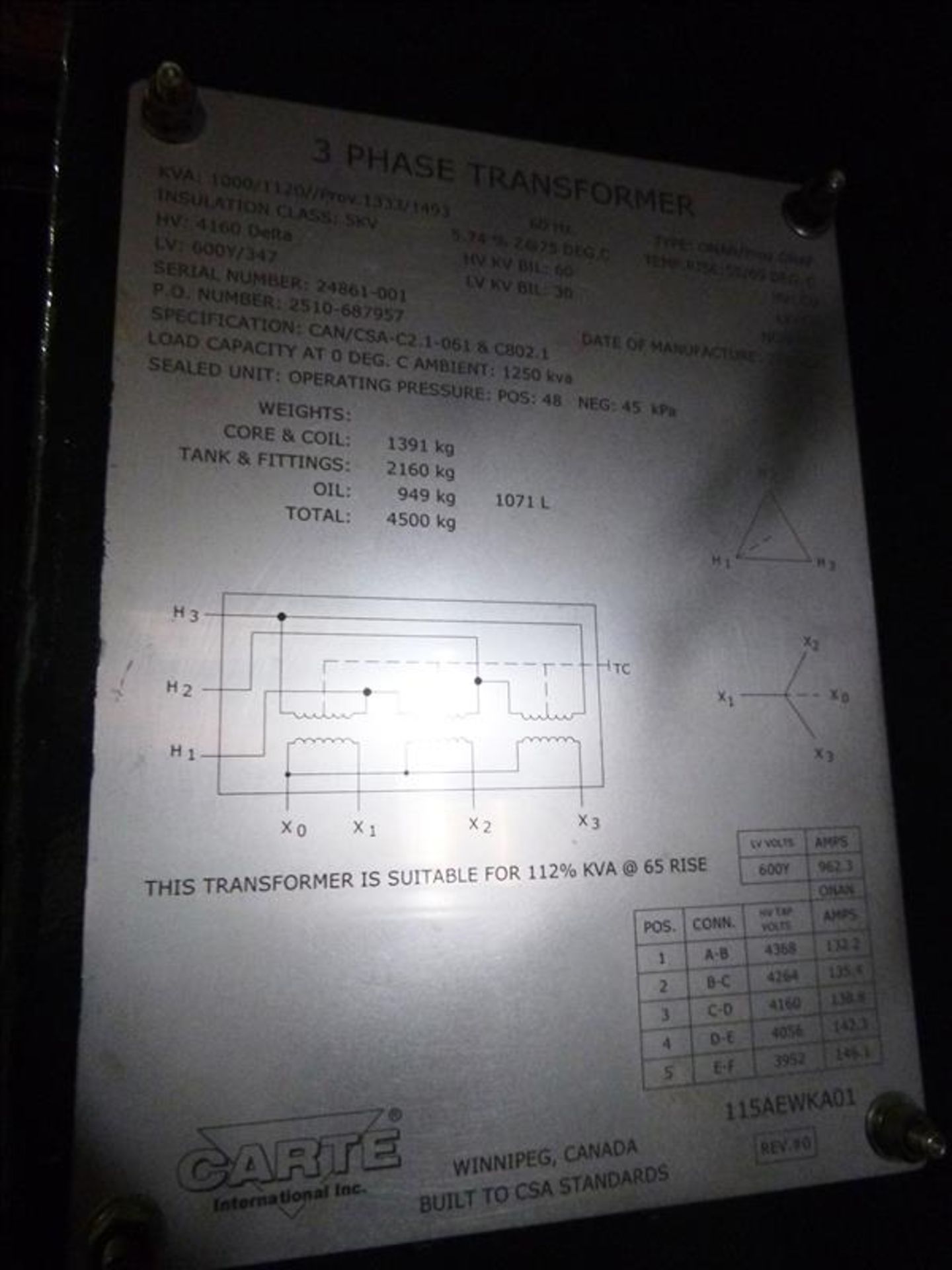 Carte Transformer, ser. no. 24861-001 (2008), 1000 kva 3 Phase, 60 HZ, oil cooled 4160 delta - Image 3 of 3