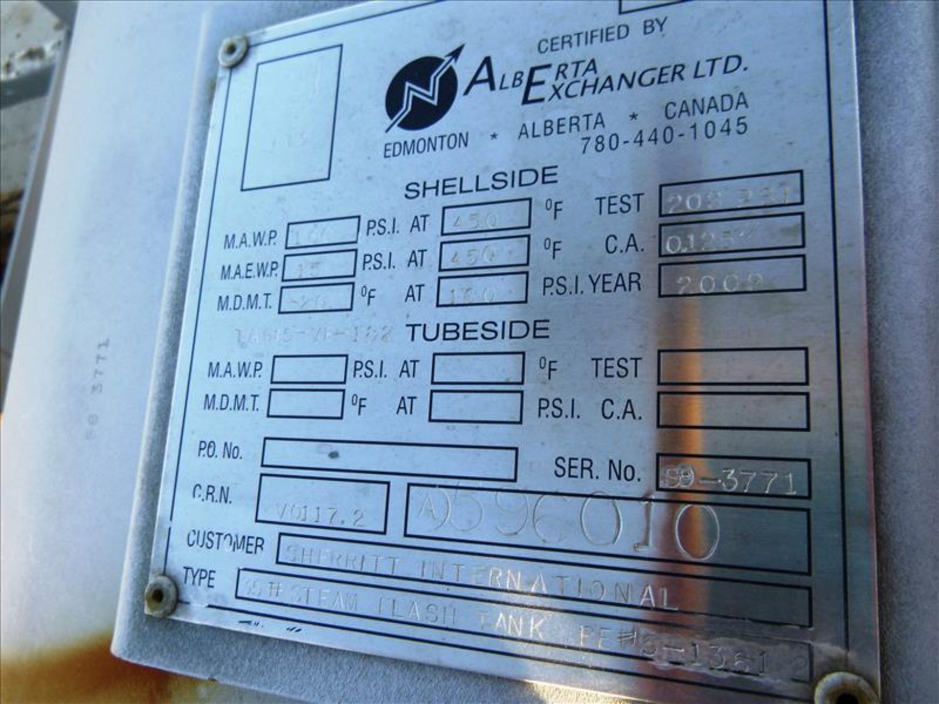 35# Steam Flash Tank, Vertical pressure vessel, ser. no. S8-3771 (2009) c/w 51" legs, Volume - 76 - Bild 3 aus 3