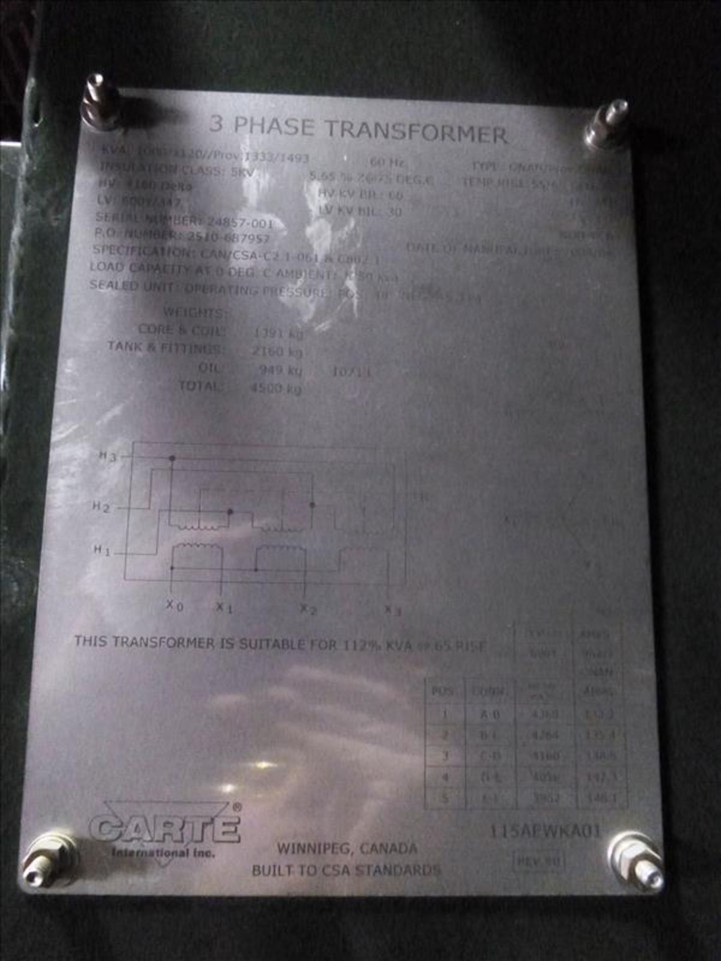 Carte Transformer, ser. no. 2510-687-001 (2008), 1000 kva, 3 Phase, 60 HZ, oil cooled 4160 delta - Image 4 of 4