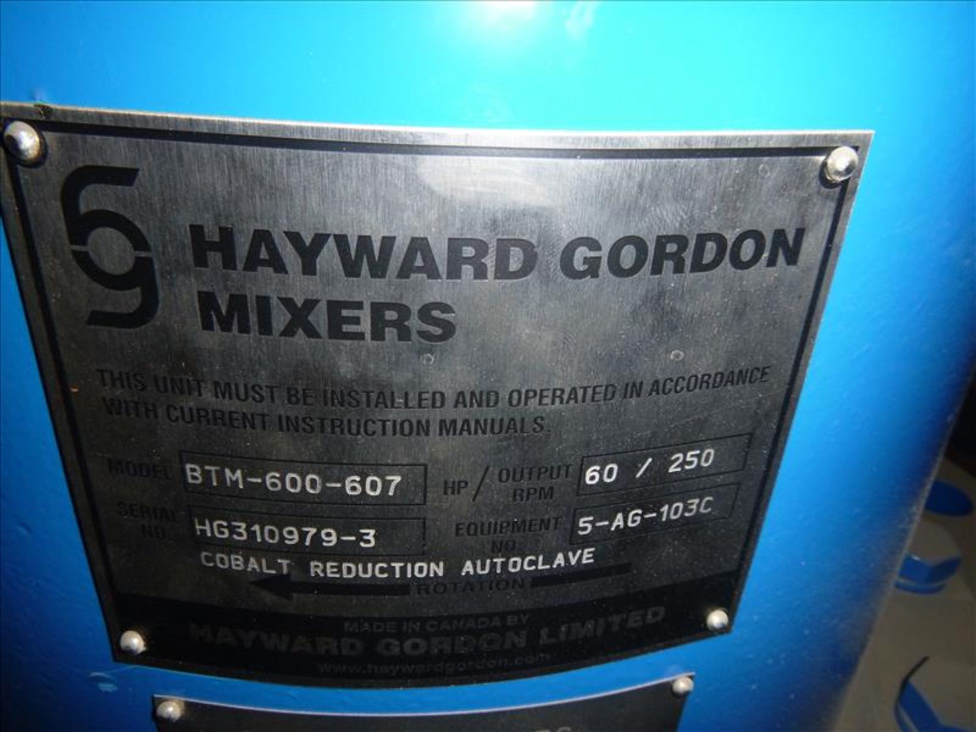 Hayward Gordon Agitator, mod. BTM 600-607, ser. no. HG310979-3, Philadelphia, c/w 60 hp / 1200 RPM - Image 4 of 5