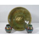 Art pottery green bowl and a pair of cauldron style pots