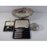 Antique plated oval basket with handle together with plated items to include a dish, spoon and