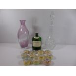 Tall cut glass decanter, purple art glass vase, 11 enamelled pots and vintage whisky bottle