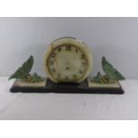 Art Deco 3 pieces marble and onyx clock set with cast metal butterfly decoration