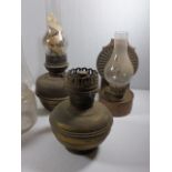 5 old brass oil lamps and glass funnels