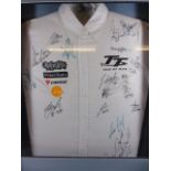 Framed TT Isle of Man race shirt shirt with approx. 16 ridgers signatures