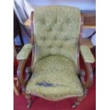 Antique mahogany fire side chair with green fabric upholstery