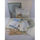 Folder of prints, sketches and watercolours etc