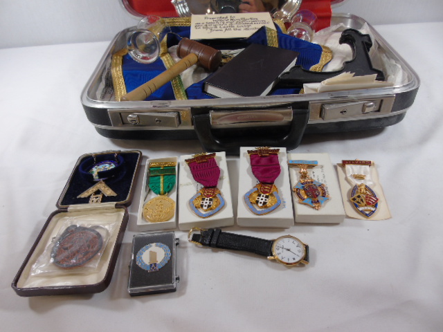 Case of Masonic items to include watch, apron, medals etc - Image 2 of 3