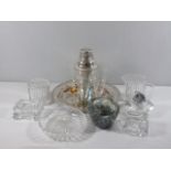 Collection of glass ware, plated cocktail shaker and tray