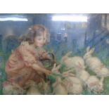 Maple framed print of a girl feeding rabbits