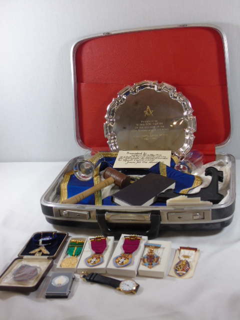 Case of Masonic items to include watch, apron, medals etc