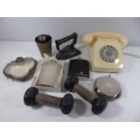 Cream dial telephone, fire dogs together with silver plated items
