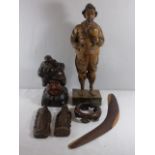 Qty of carved wooden items including a large carved figure of a man approx. 18" tall