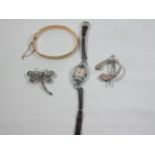 Vintage ladies cocktail watch, bangle and 2 brooches