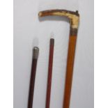 Horn handled riding crop together with 2 swagger sticks 1 with a silver top