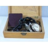 Wooden box of interesting items to include pocket watch, jewellery etc