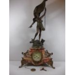 Large cast metal and marble figural clock with enamel face complete with with key and pendulum