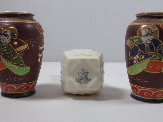 Pair Satsuma vases approx 3" tall together with a Belleek vase approx 4" tall - Image 2 of 2