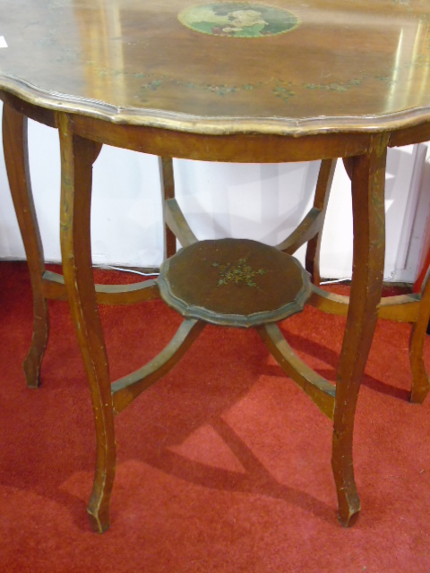 Antique hexagonal 2 tier table with painted central decoration - Image 2 of 2