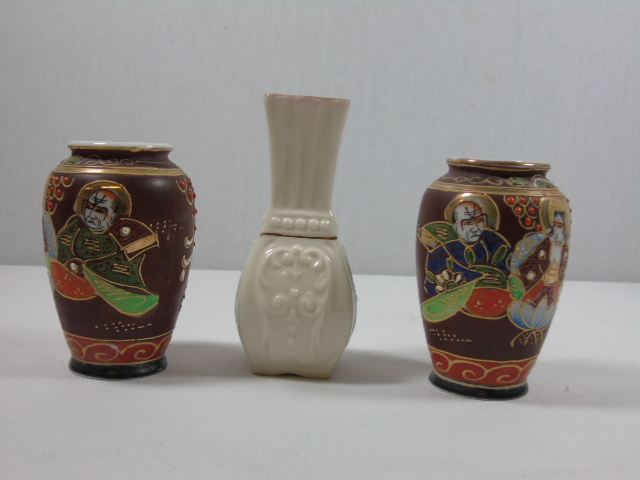 Pair Satsuma vases approx 3" tall together with a Belleek vase approx 4" tall