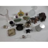 Interesting items to include thimbles, antique cordial glass, snuff box, inkwell etc