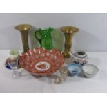 Assorted china, glass ware and 2 brass vases