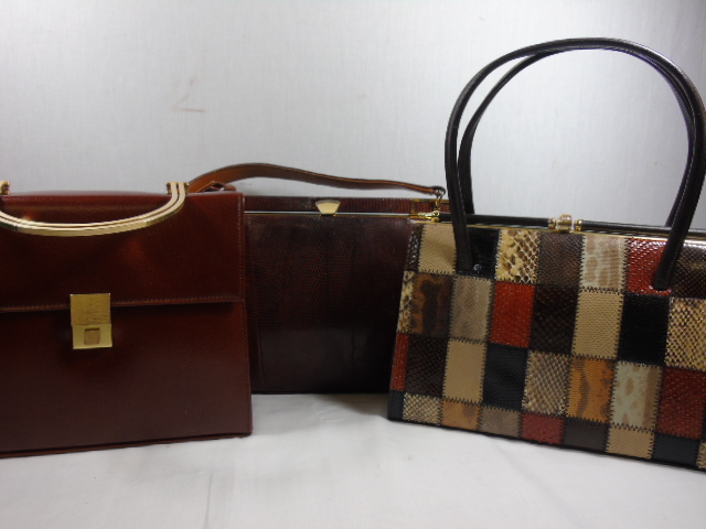 3 vintage handbags to include snakeskin and a patchwork snake and lizard skin examples