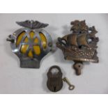 Vintage AA badge, lock with key and door knocker