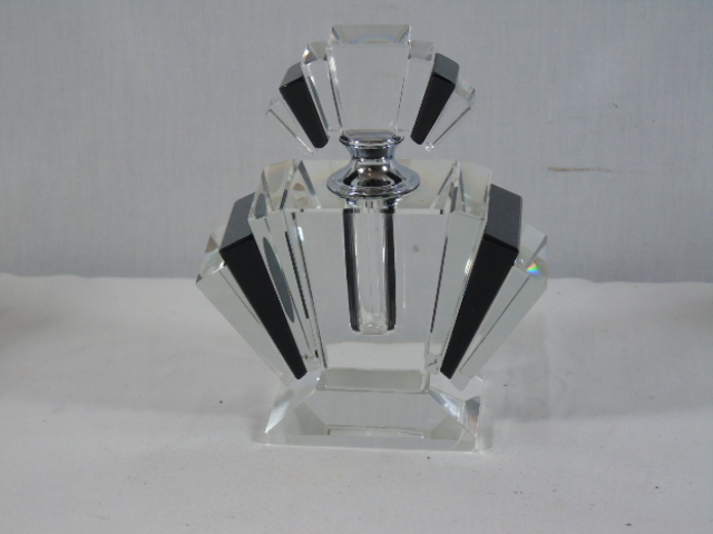 Small black and clear glass fan and scent bottle approx. 3" tall