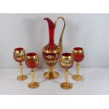 Reg and gilt glass 5 piece drinks set