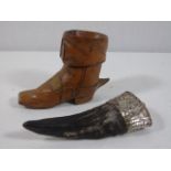 Unusual carved wooden boot together with white metal mounted horn