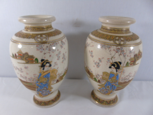 Large pair of oriental Satsuma vases approx. 12"