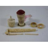 Antique ivory to include whistle, ribbon dispenser, pot etc