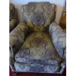 Pr Vintage mahogany framed fire side chairs with ornate upholstery